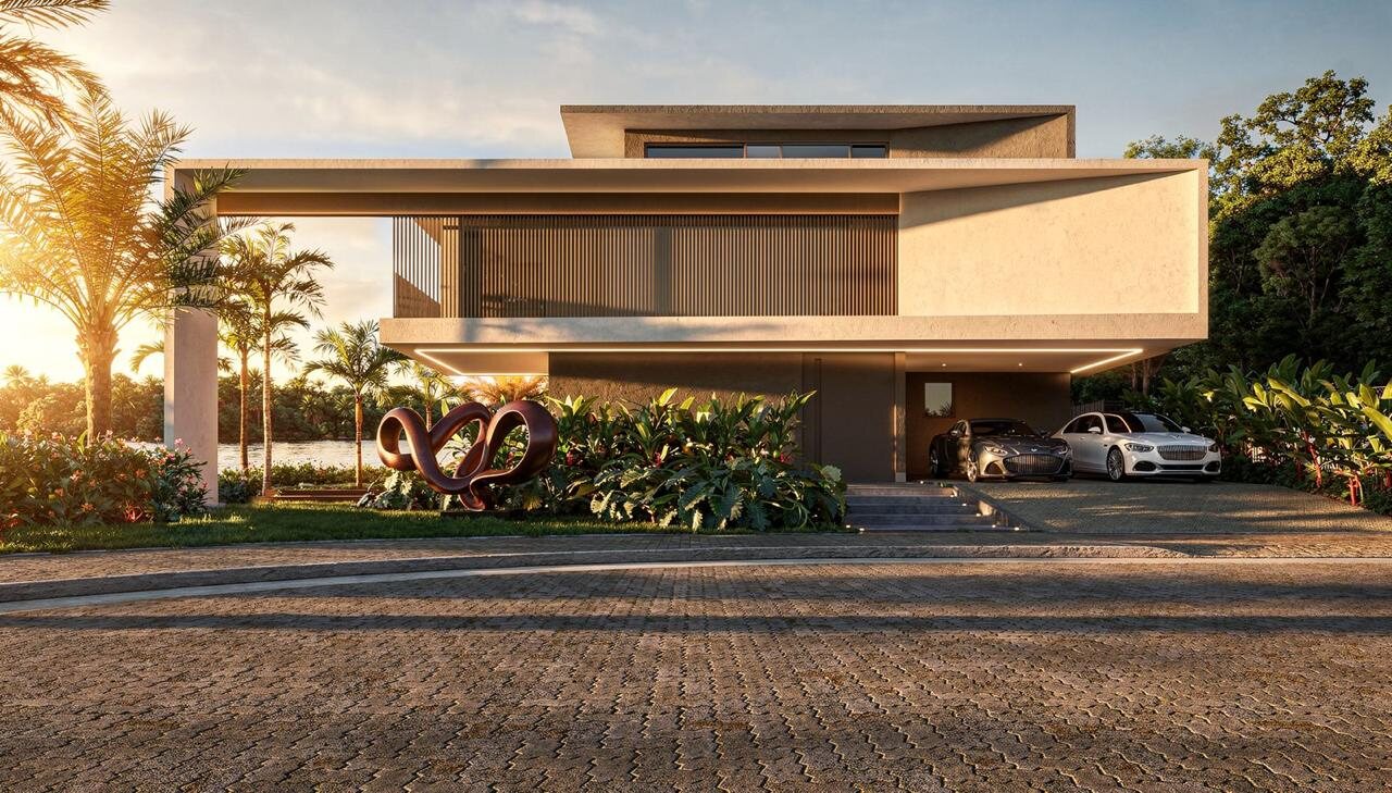 Casa AA, Alphaville, Guarajuba — fachada ao pôr do sol